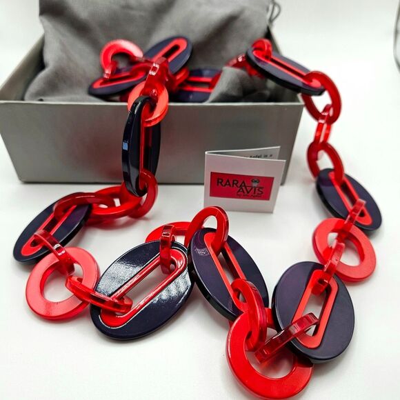 NEW Rara Avis by Iris Apfel Navy & Red Acrylic Chain Statement Link Necklace - Picture 1 of 7